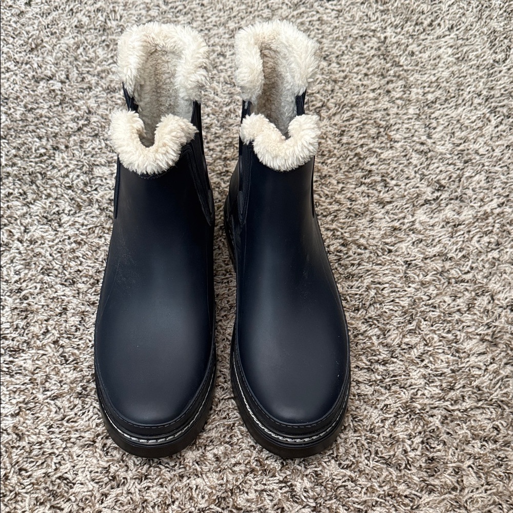 Black Winter rain Ankle Boots with Cream Faux-Fur Trim